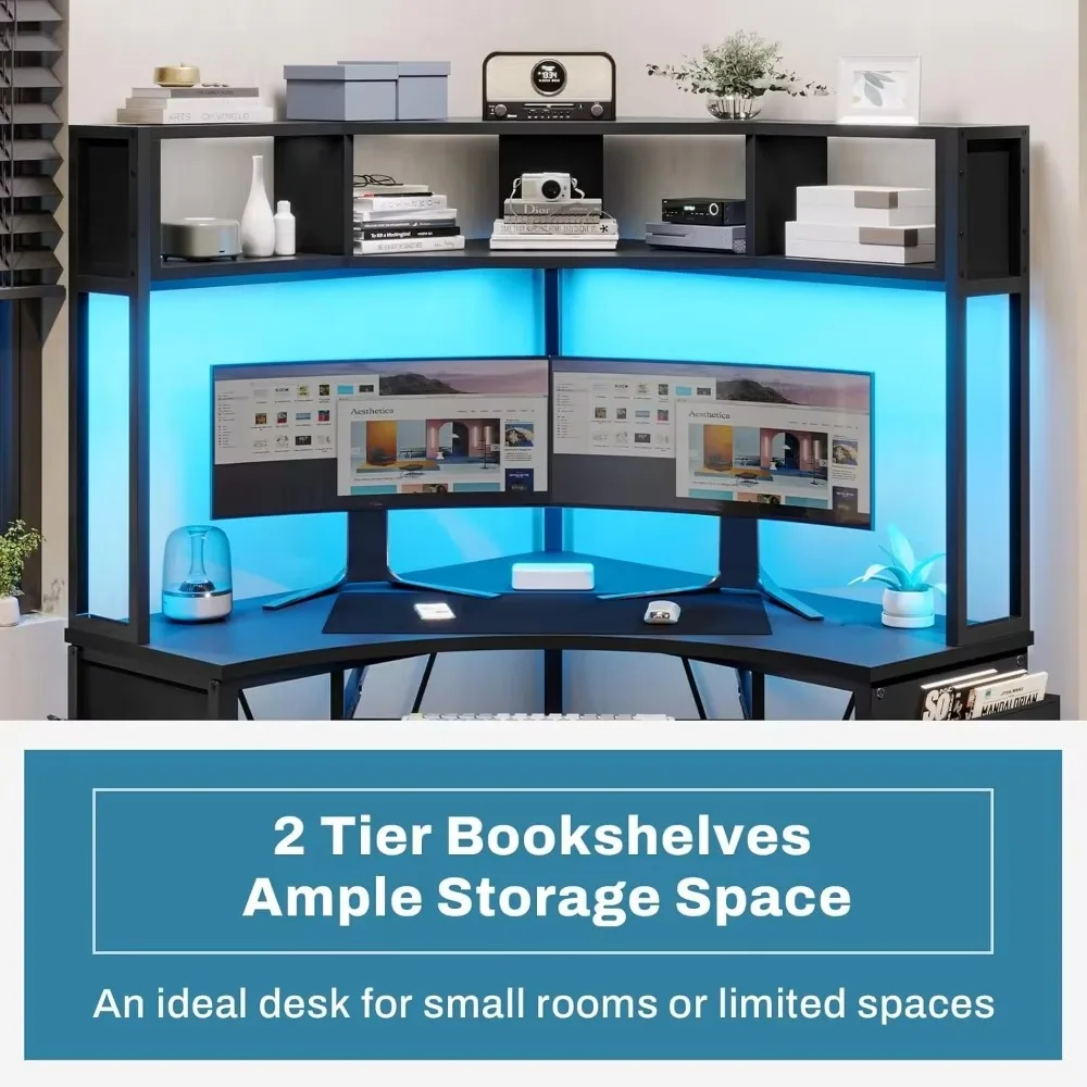 Corner Desk, Small Computer Desk with Hutch & LED Lights, Triangle Corner Computer Desk with Keyboard Tray, Storage Bag