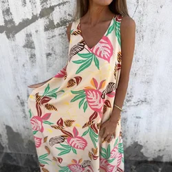 Women Vacation Summer Tank Dress Printing Sleeveless V Neck Sheath Casual Fashion Comfortable Maxi Beach Boho Dresses For Women