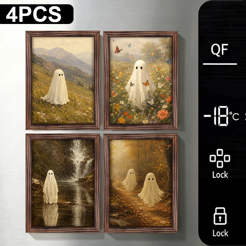 4Pcs Mini Wooden Frame Ghost Fridge Magnets, Retro Oil Painting Cute Ghost Refrigerator Magnets Set, Wildflower Mountain