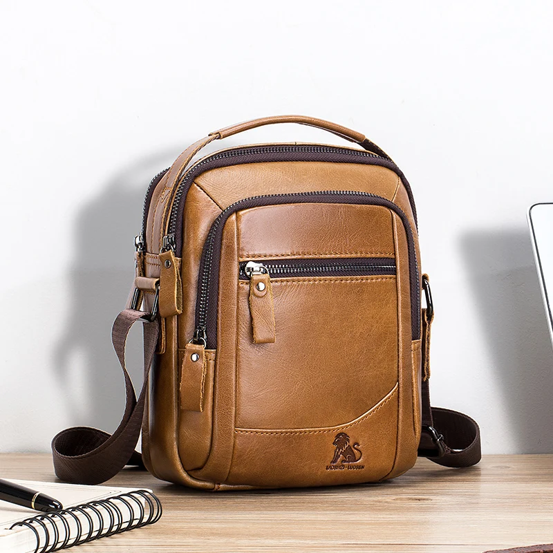 Men's Top Grain Leather Crossbody Bag Multi-functional Front Pockets Vintage Casual Trendy Handbag for Men Сумка Мужская Деловая