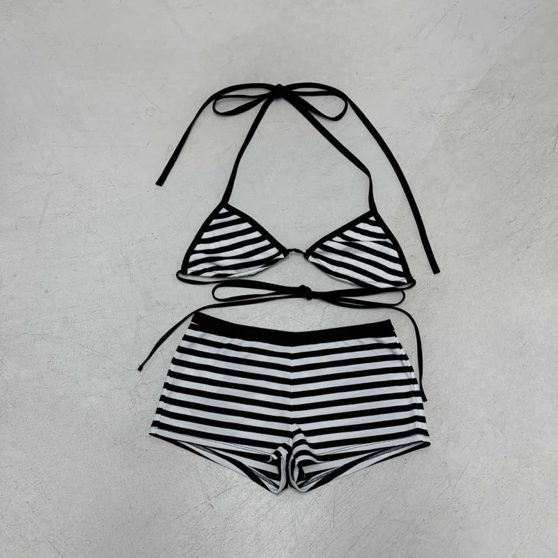 

Black White Striped Contrast Triangle Cup Halterneck Bikini Corset High Waist Shorts Sexy Fashion Patchwork Suit Women 2025 New