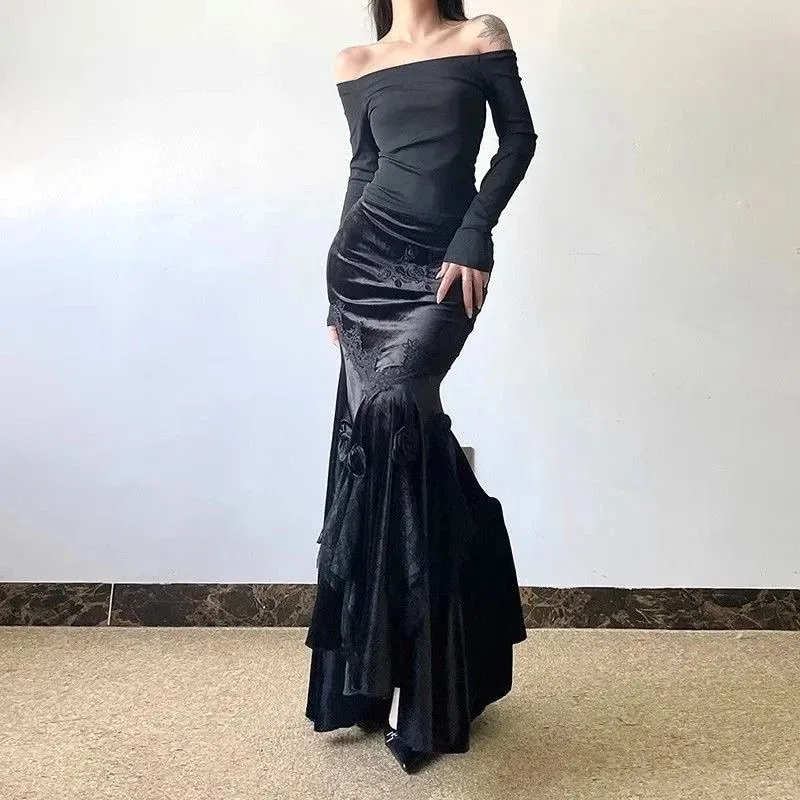 Women's Off-Shoulder Maxi Dress Velvet Mermaid Hem Gothic Evening Gown