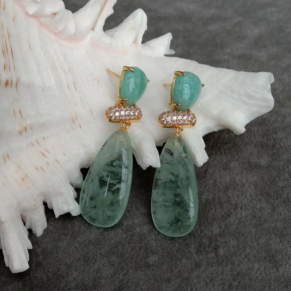 YYGEM Women Earrings Fashion 15x29mm Green Amethyst Prasiolite 11x12mm  Amazonite Stud Earring Jewelry Wholesale