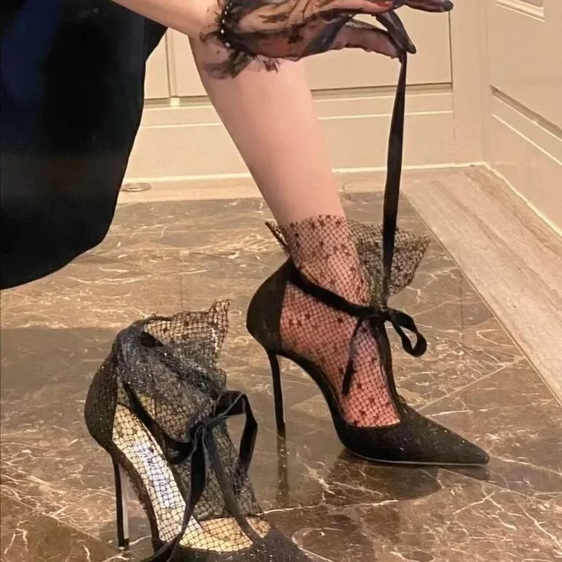 

2025 дышащие женские туфли на высоком каблуке с кружевной сеткой, новые летние очаровательные сандалии Sensation, римские сандалии с острым носком на тонком каблуке и сеткой