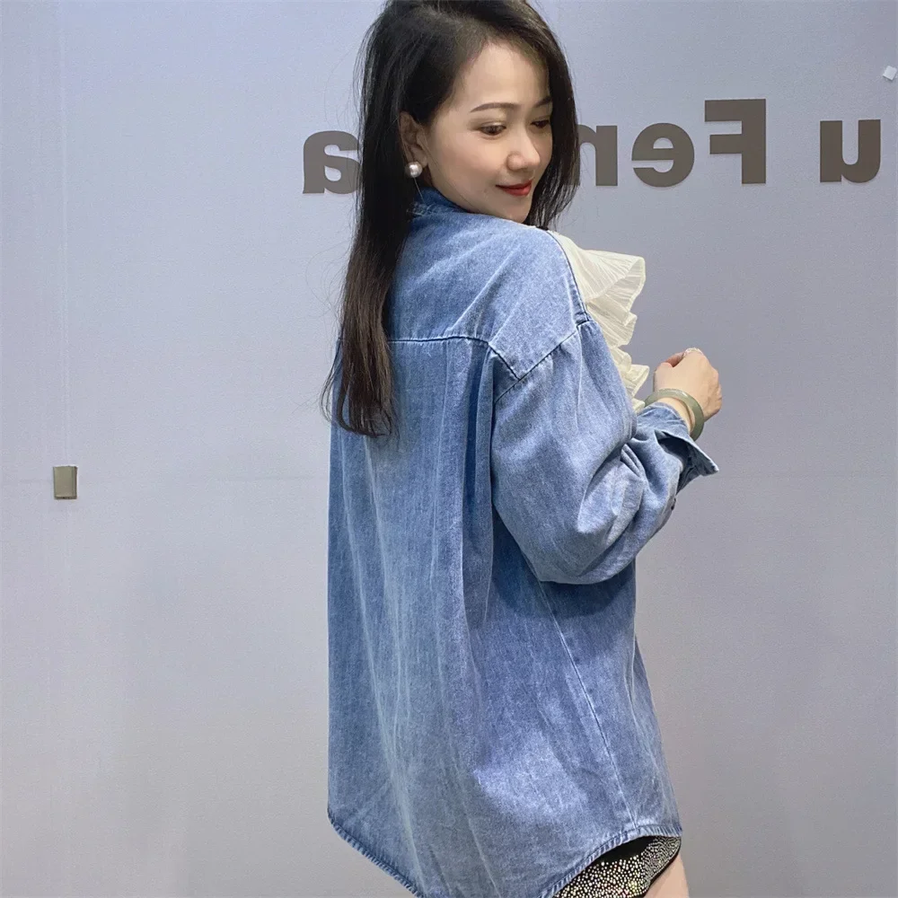 2024 Long Sleeve Rivet Denim Shirts Women Clothing Loose Mid-Length Patchwork Lotus Leaf Jeans Coats Blusas Femininas Elegantes