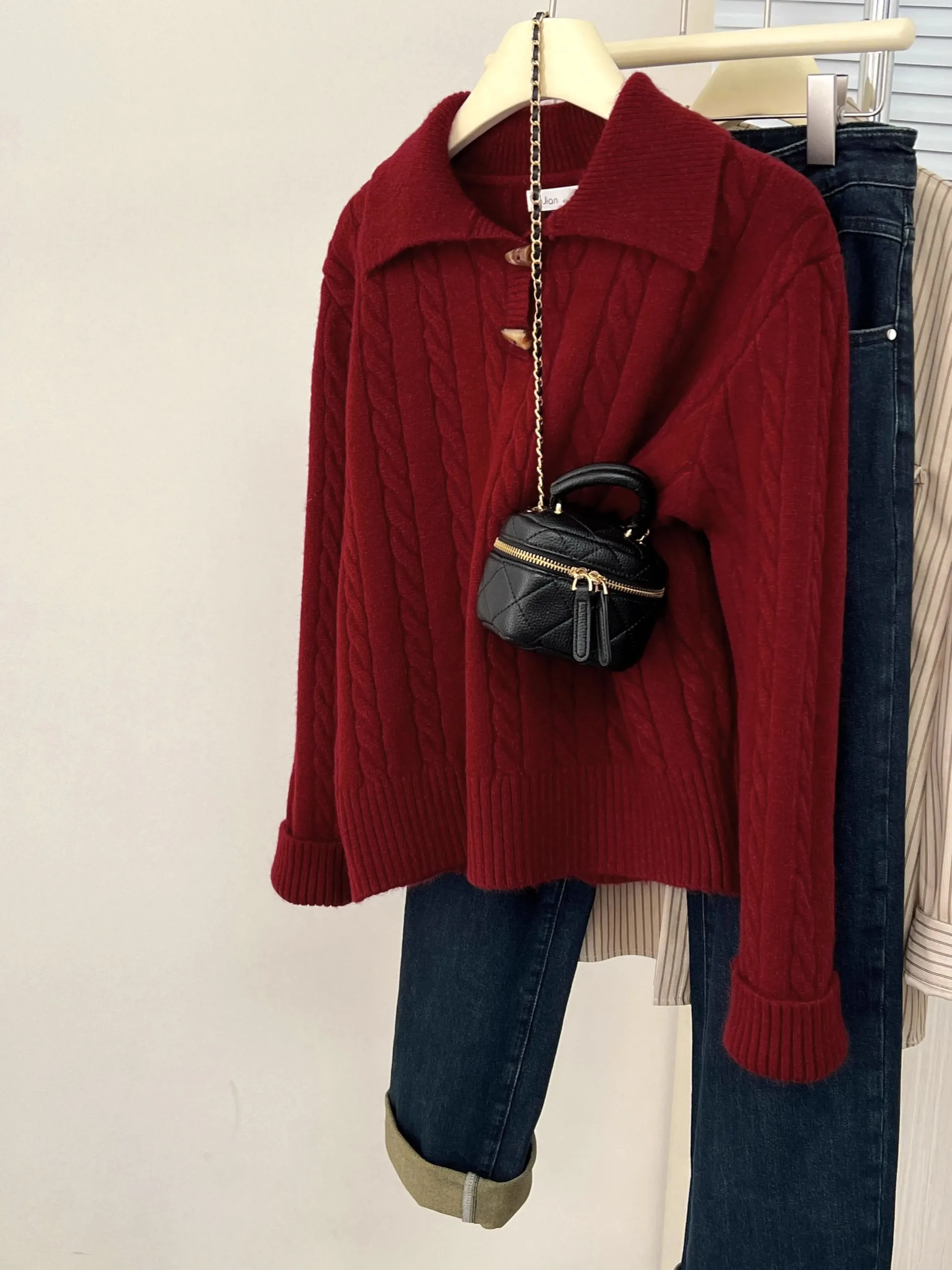 

Retro Cisas Red Collar Button Knitted Sweater Women's Winter New Sle Thiened Long Sve Casual Sweet Sle