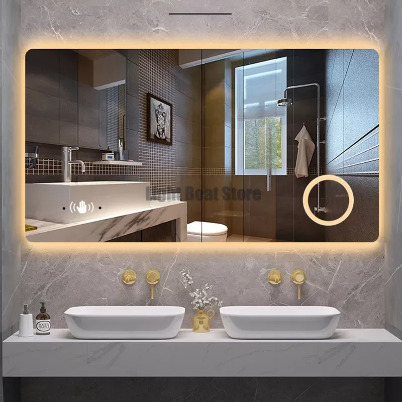 

Warm Illuminated Mirror Lights Led Aesthetic White Unbreakable Bathroom Mirror Smart Touch Espejo Inteligente Bathroom Fixtures