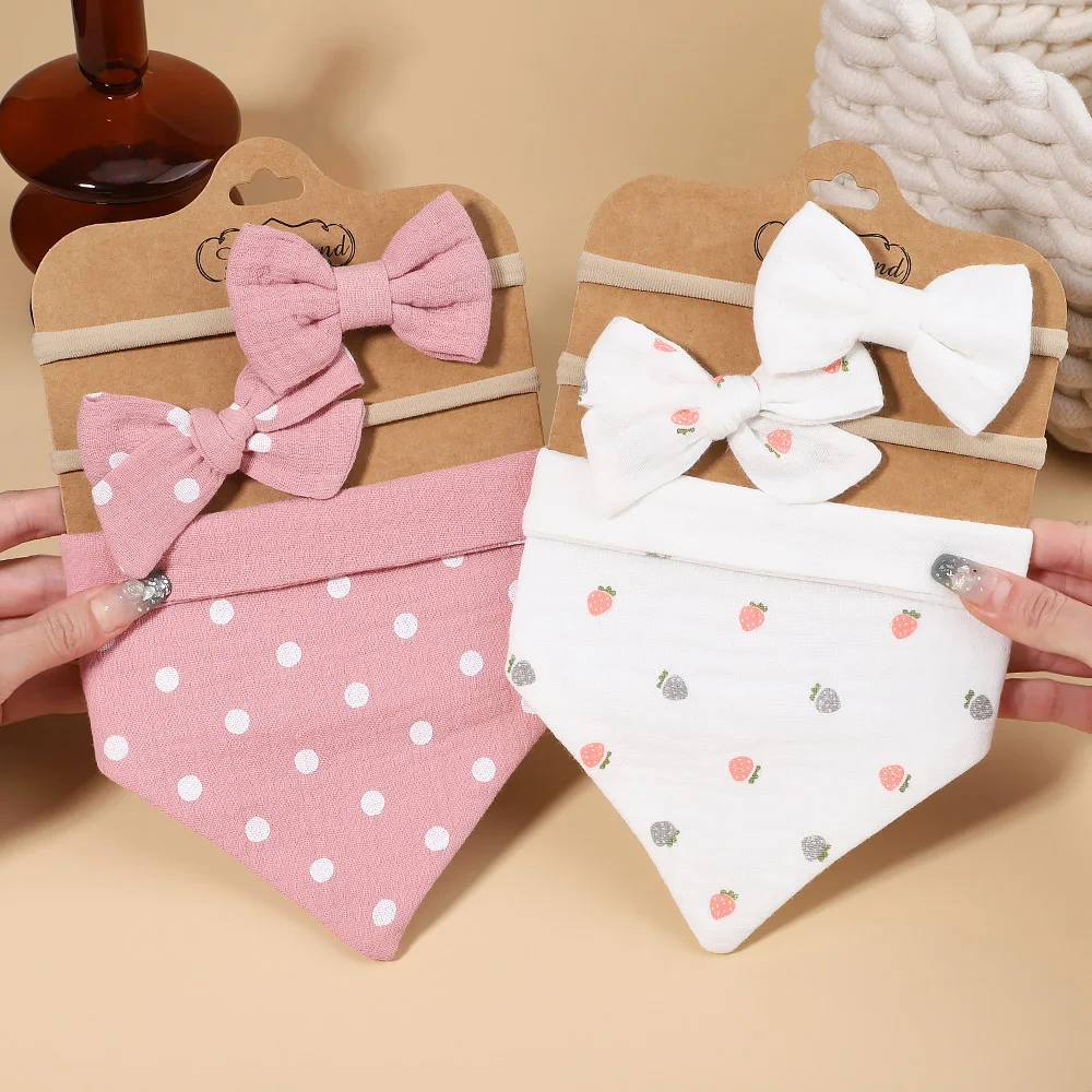 3Pcs/Set Muslin Cotton Baby Bib Newborn Bows Headband Triangle Print Saliva Towel Infant Boy Girl Feeding Burp Cloth Shower Gift