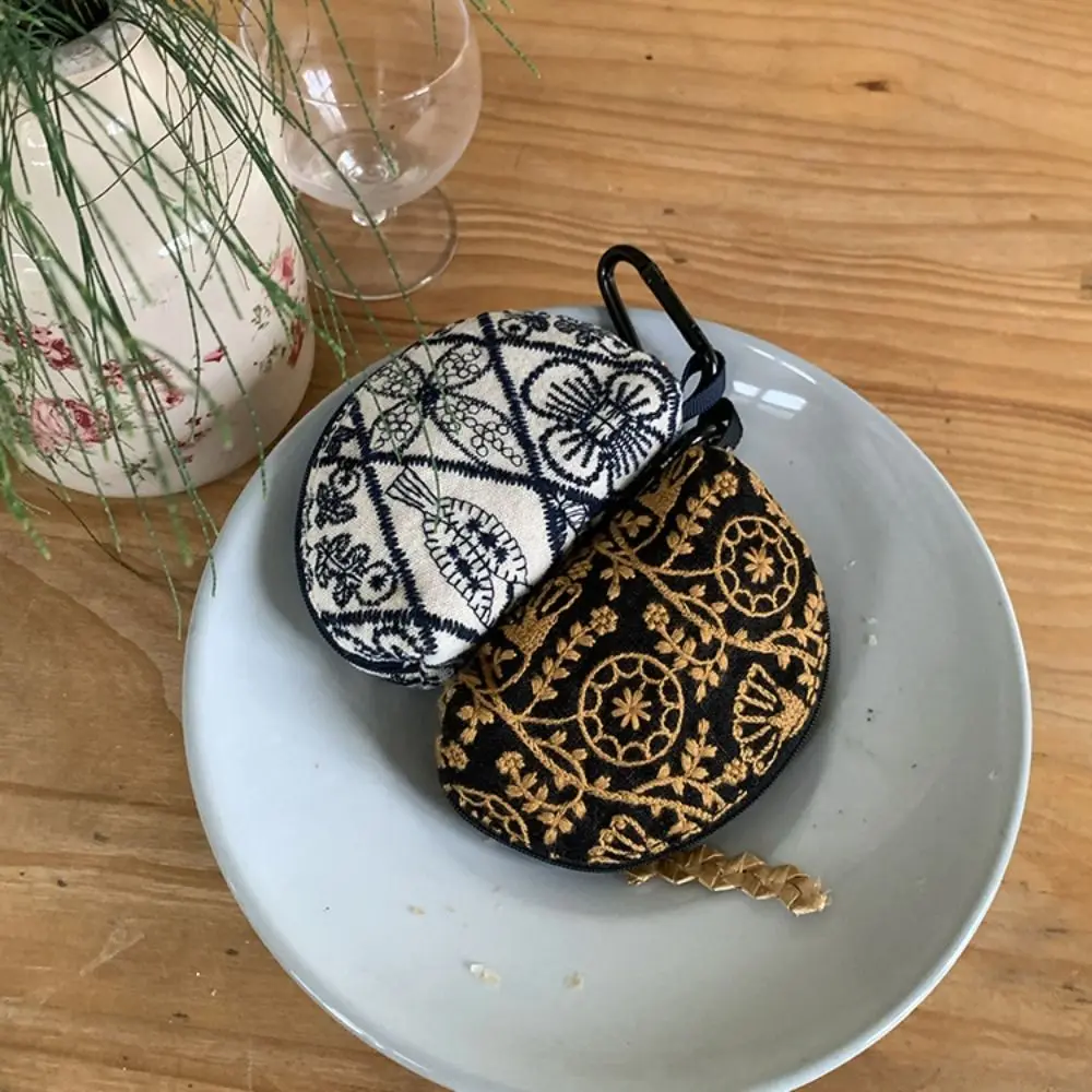 Simple Cute Embroidery Storage Bag Flower Cotton Linen Ethnic Style Coin Purse Zipper Pouch Keychain Small Cosmetic Bag Travel