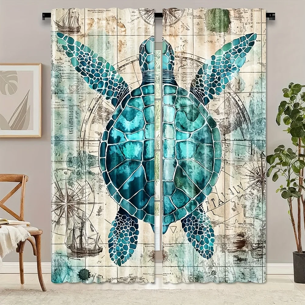 2pcs Contemporary Ocean-Inspired Polyester Curtains with Blue Sea Turtle and Starfish Prints - Ideal for Creating a Serene Coast
