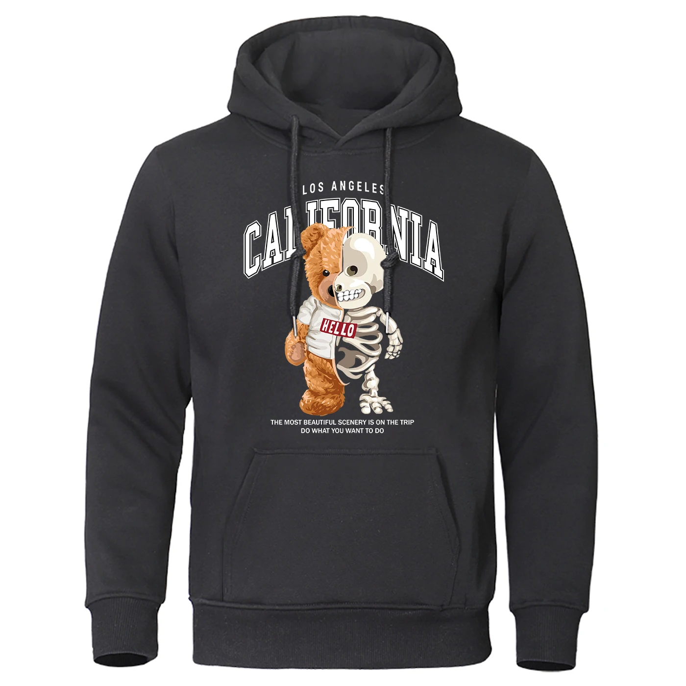 Skeleton Teddy Bear And Letter Print Hoodies Men's Warm Warm Fleece Hoodie Man Hoody Winter Simple Clothing