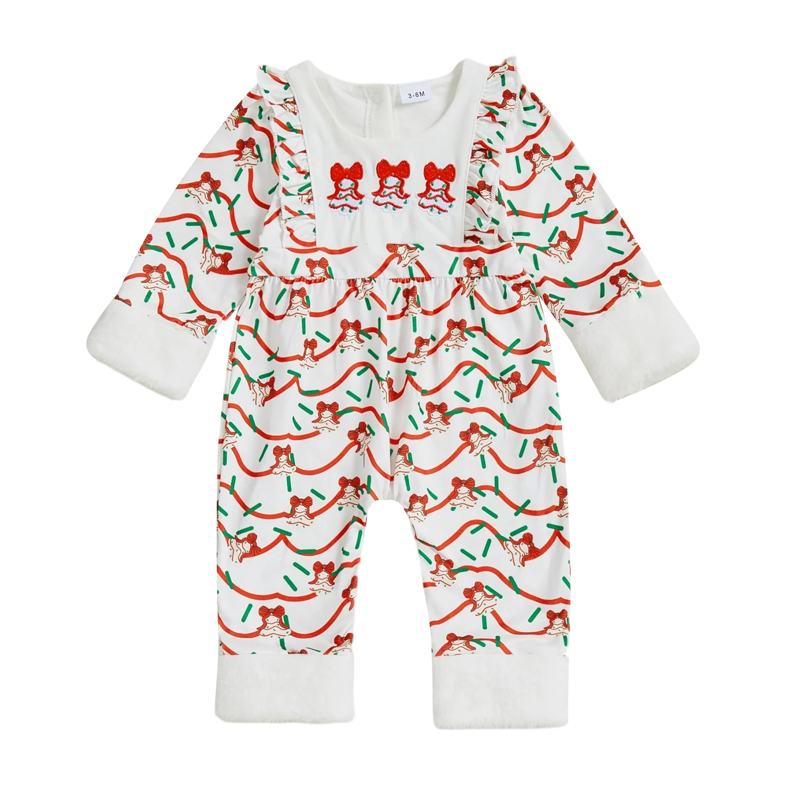 

Рождественский комбинезон для маленьких девочек, комбинезон с длинными рукавами и круглым вырезом с принтом колокольчиков и плюшевой отделкой