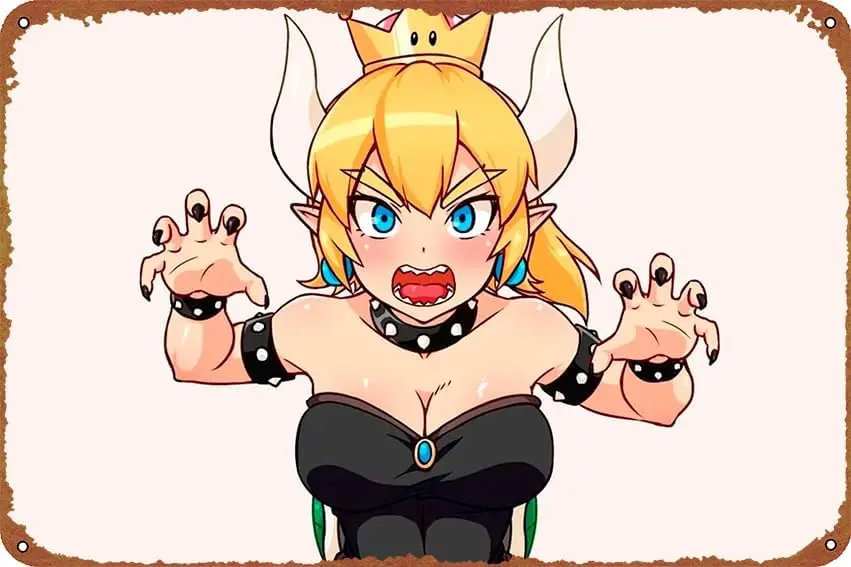 Crown Blonde Horns Blue Eyes Video Game Bowsette Vintage Metal Sign Tin Sign Poster Outdoor Garden Home Bar Kitchen Wall D
