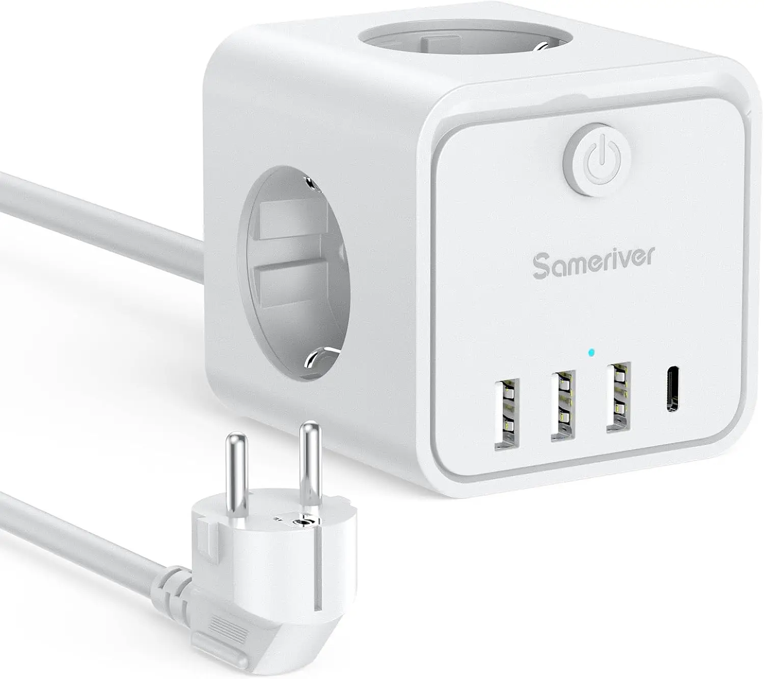 Multiprise cube 7 en 1 avec 3 prises AC, 3 USB A, 1 USB C, 4000W, 16A, cordon haute puissance avec protection pour la maison, le bureau et les voyages