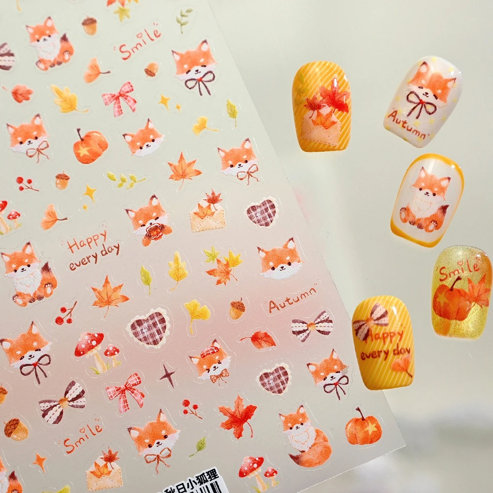 

Lovely Autumn Fox Mushrooms Pumpkins Pinecones Ginkgo Maple Leaf Bowknot 3D Self Adhesive Nail Art Stickers Cute Manicure Decals