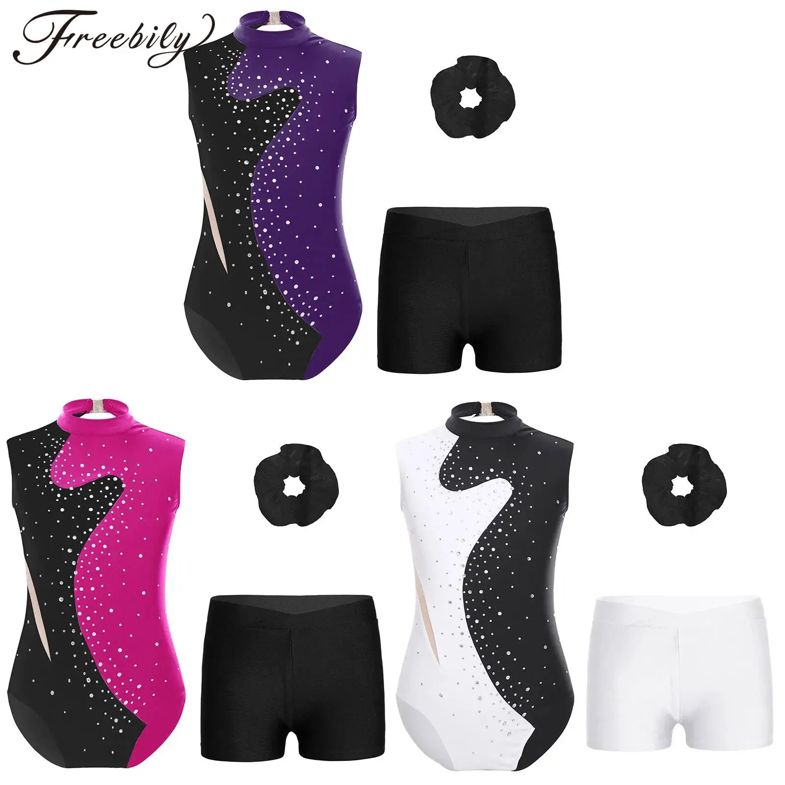 

Children Figure Skating Leotard with Shorts Kids Girls Keyhole Back Ballet Jumpsuit Teens Sleeveless Gymnastics Leotard Outfit