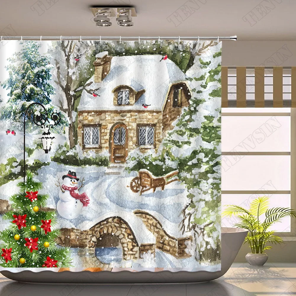 Christmas Snowman Shower Curtain Rural Winter Snow Pine Tree Red Bird Landscape New Year Bathroom Decor Fabric Hanging Curtains