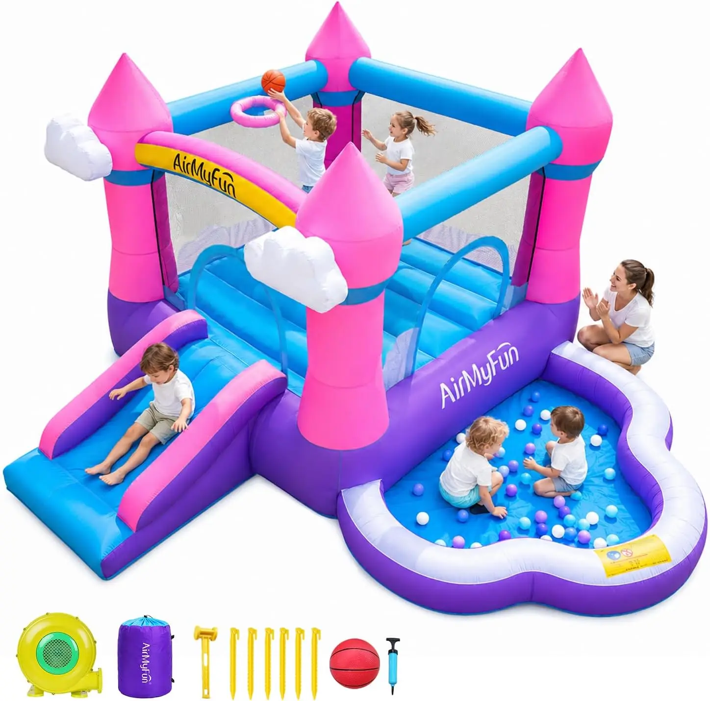 Pink Indoor/Outdoor Inflatable Bounce House for Kids 3-8 - Bouncy Castle with Slide, Blower, Water Pool & Ball Pit
