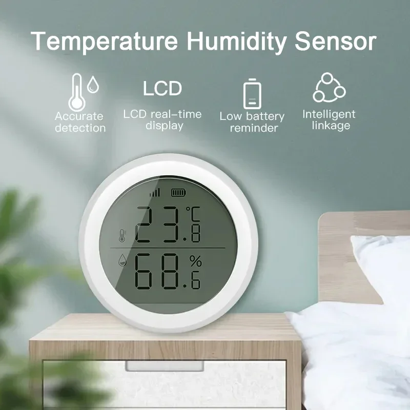 Tuya Inteligente ZigBee Sensor de Temperatura e Umidade, Termômetro Interior Doméstico, Display LCD, APP Controle de Voz, Alexa, Google Home