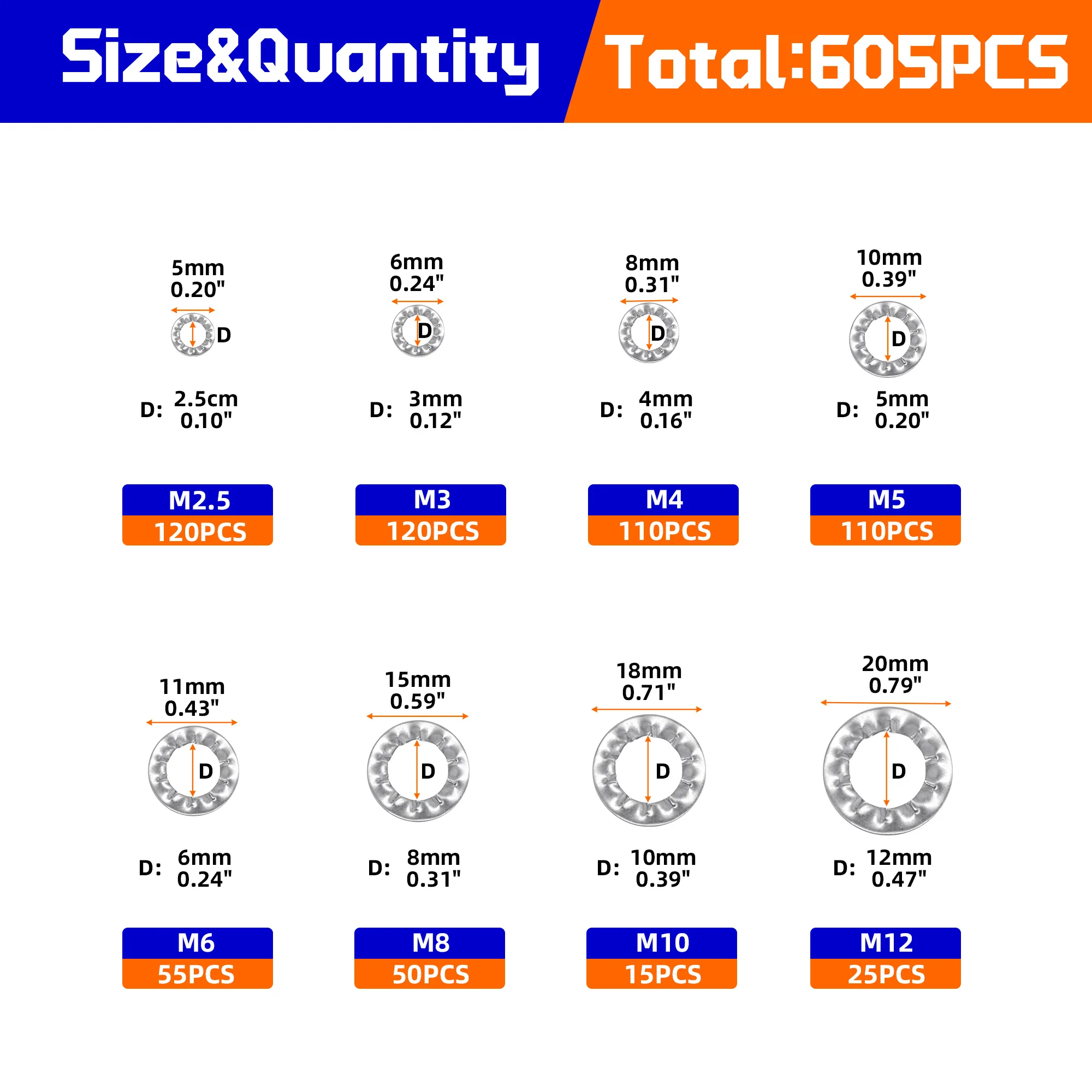 605Pcs M2.5-M12 304 Stainless Steel Serrated Lock Washers, Anti-Loosening Vibration Resistant Fastener Kit
