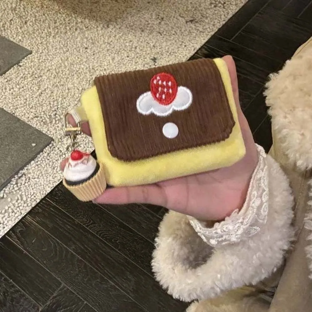 

Cherry Pudding Design Coin Purse Soft Velvet Corduroy Texture Mini Pouch Wallet Compact Dimension Contrast Color Stitching