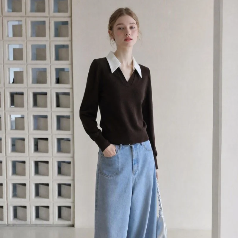 YZJNH 2026 Fall New Women's Sweater Casual Lazy Old Money Style Shirt Collar Fitted Soft Long Sleeve Knitwear
