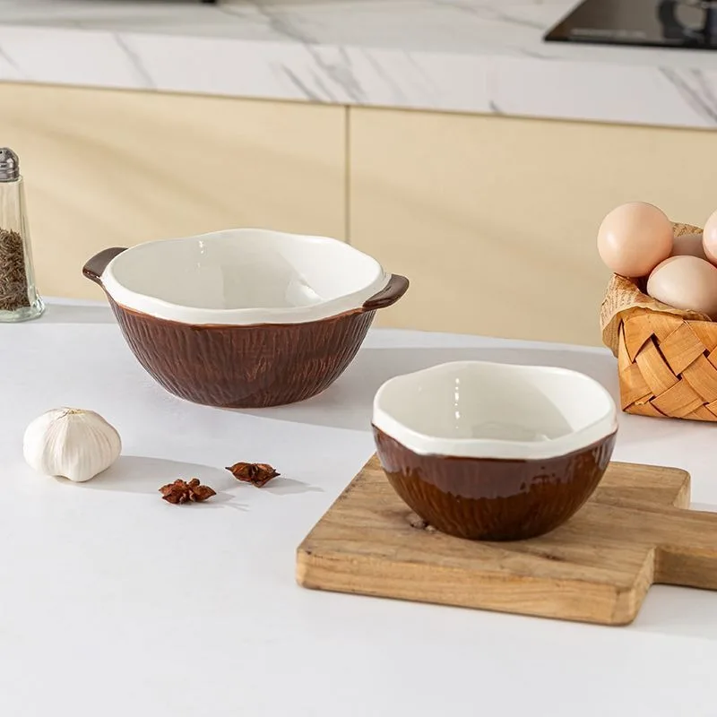 Creative Coconut Hand-painted Double Ear Soup Bowl Household Instant Noodle Bowl Ceramic Tableware Fruit Salad Bowl Table Decor