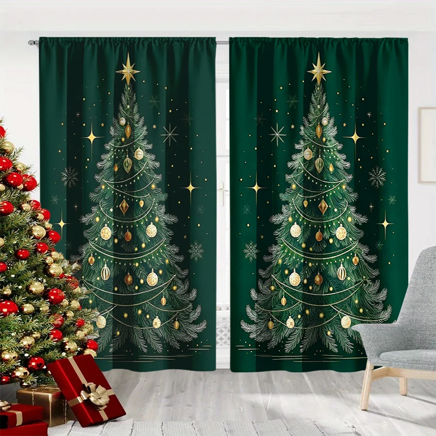 2PCS Christmas Winter Curtains, Elegant Christmas Tree Gold Ornament Star Green, Digital Print, Bedroom Living Room, Home Decor