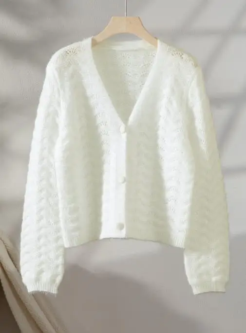 Sexy Mesh Hollowed Out Wide Truffle Waist Long Sleeved V-Neck Knitted Sweater for Autumn, Elegant Button Knit Jacket for Women