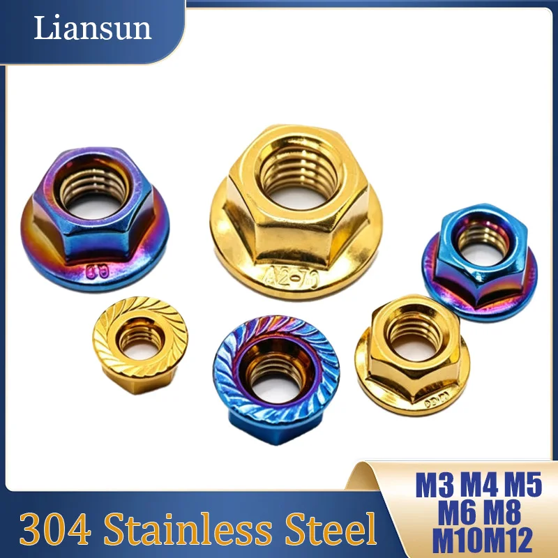 304 Stainless Steel Serrated Hex Flange Lock Nuts M3 M4 M5 M6 M8 M10M12 Colorful Lock Nuts for Motorcycle/Bicycle Modifications