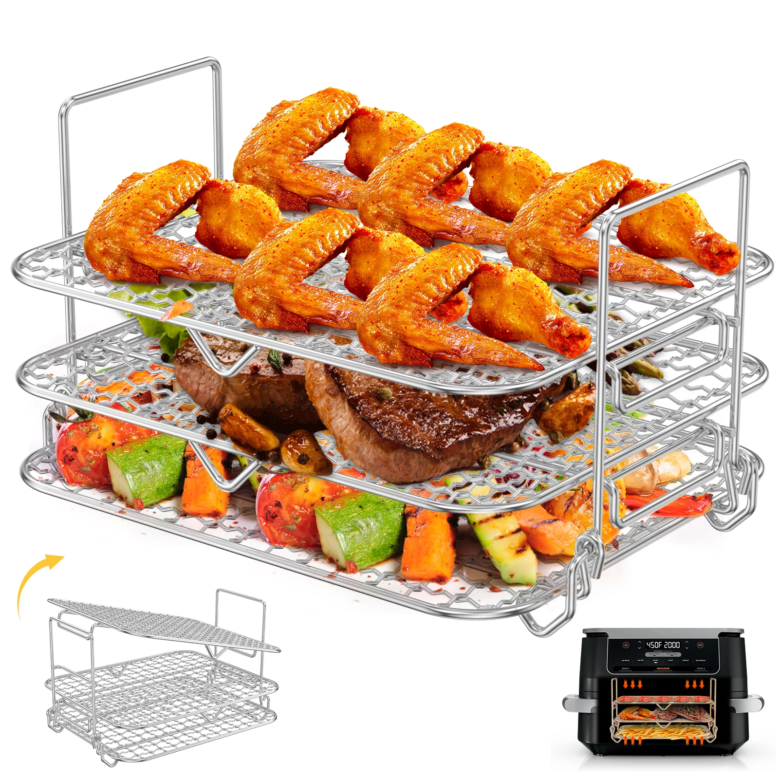 Rejilla para freidora de aire de 2/3 niveles, de acero inoxidable resistente al calor, bandeja de cocción para freidora de aire, rejilla deshidratadora rectangular/cuadrada