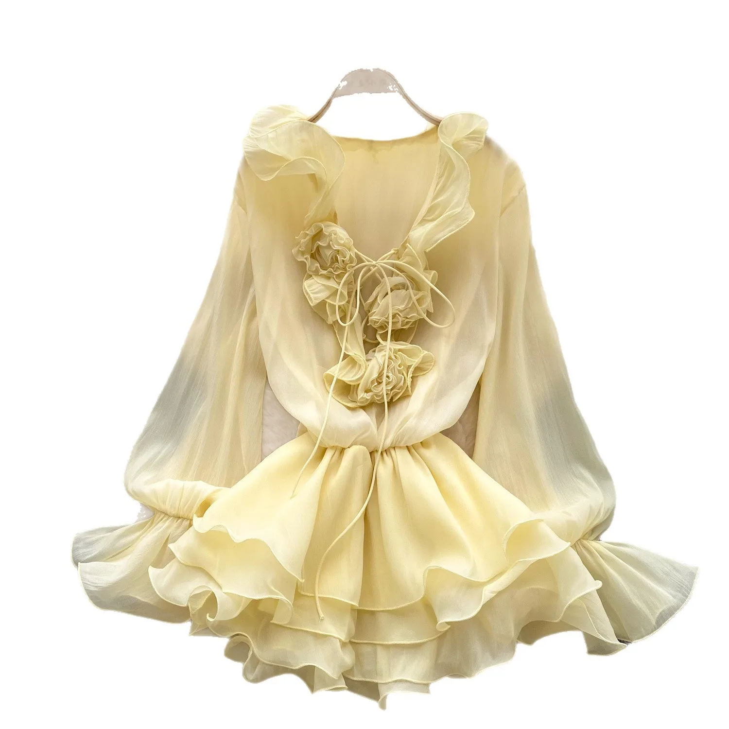 2025 novo estilo de fada tridimensional flor v pescoço gravata cintura multi camada plissado chiffon vestido feminino