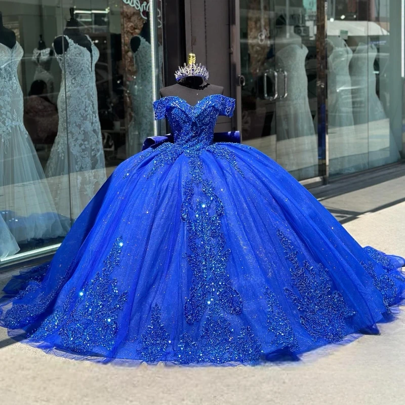 

Royal Blue Off The Shoulder Ball Gown Quinceanera Dresses 2024 Beaded Appliques Lace Tull Sweet 16 Birthday Party Gowns Robe 15