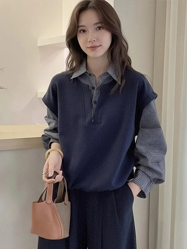 

Women's Loose Fit Long Sleeve Neck Plaid Shirt Fake Two-Piece Sweatshirt Layering Design Autumn Winter Fashion Casual Shirt