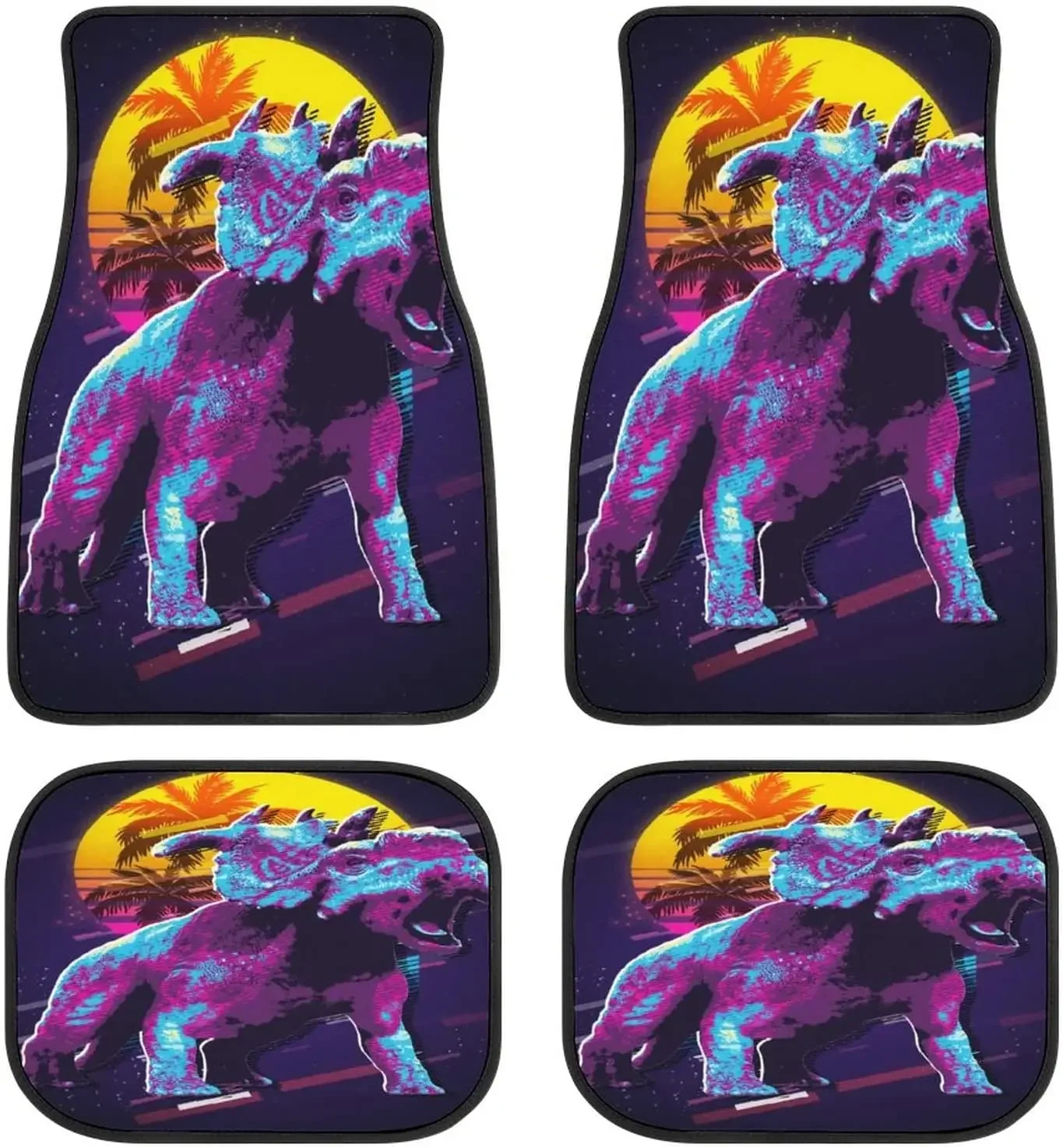 Dinosaur Vaporwave Neon Art Car Mats FrontRear 4-Piece Full Set Carpet Car SUV Truck Floor Mats with Non Slip Back