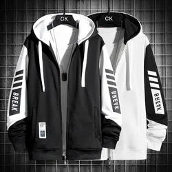 Men Splicing Zipper Coat Casual Fashion Hooded Jacket New Oversized Mens Designer Clothes High Quality All-match Top 5XL Black