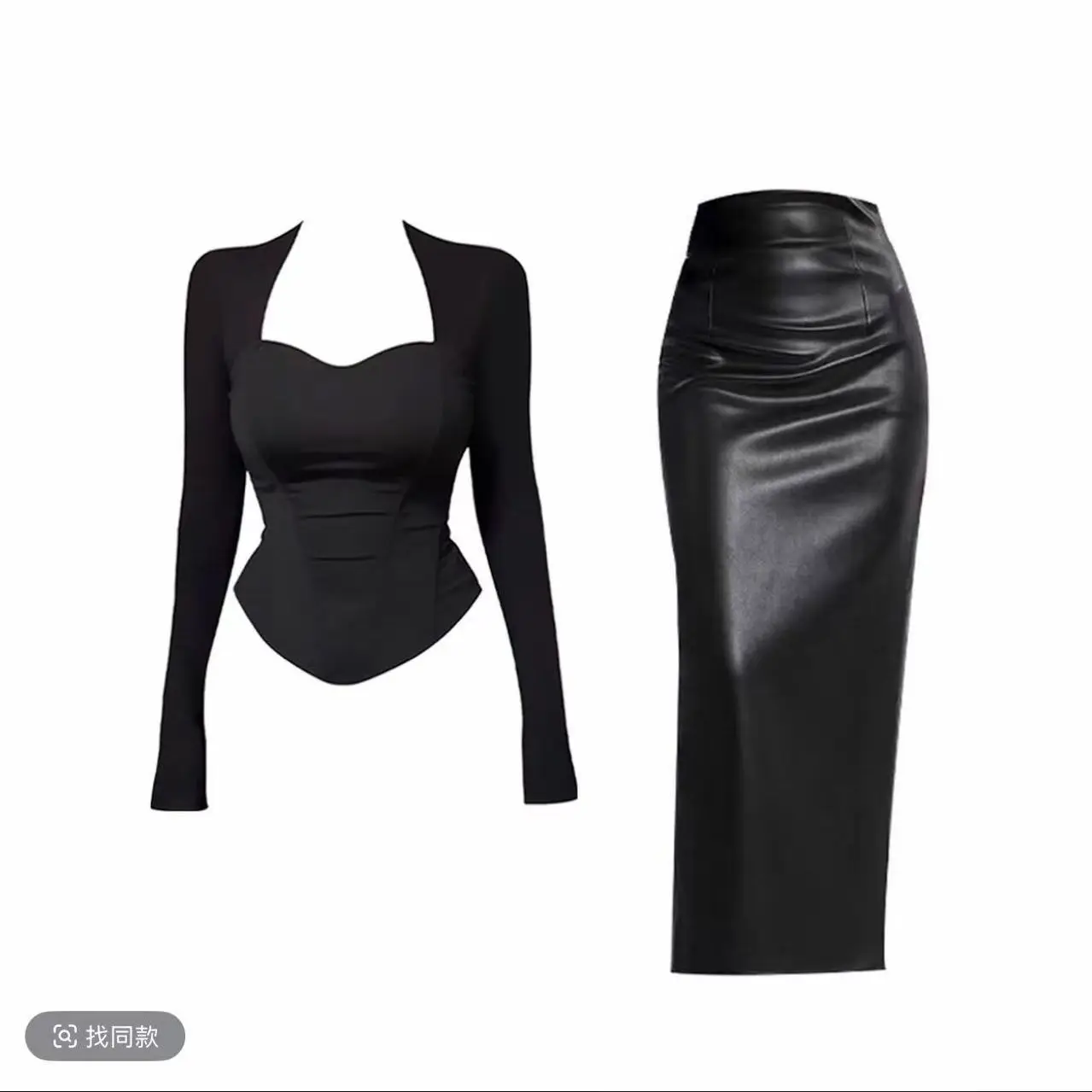 Korean Slim PU Leather Skirts Sets Design Sense Square Neck Top High Waist Black Leather Skirt Two-piece Suits Women's Outfits