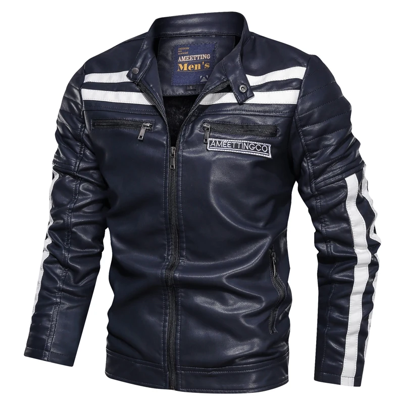 

Nice Mens Waterproof Outwear Fashion Washing Leather Contrast Color Coat With Zipper Pocket Motorbike Jacket