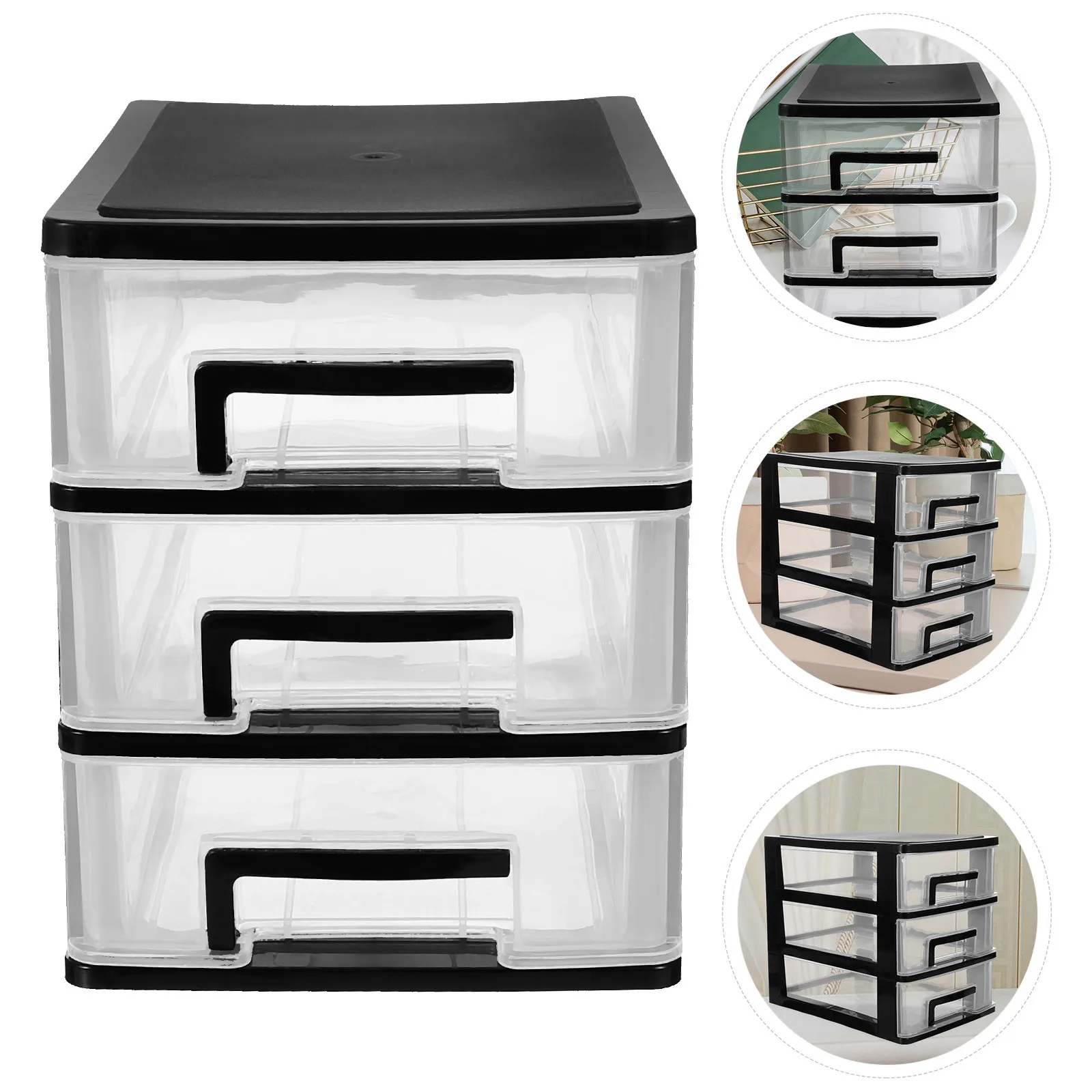 Three-Tier Plastic Drawer Cabinet Black Transparent Portable Storage Organizer for Room Desktop Storage and Classification