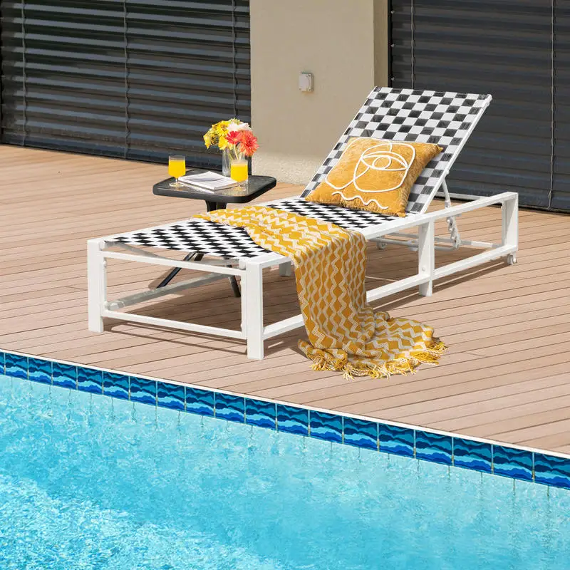 Outdoor Adjustable Chaise Lounge Chair With Wheels, Sturdy Metal Frame Recliner For Patio Poolside Balcony Camping, Adult Relaxation Furniture