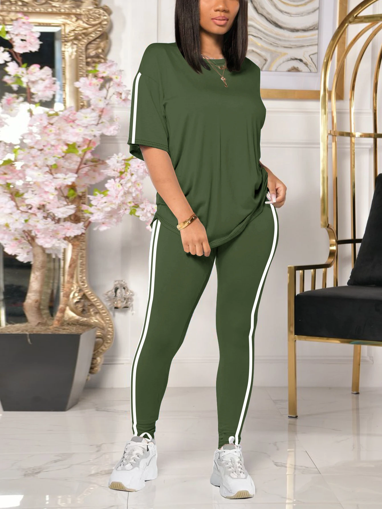 

Summer Women's Two-Piece Set Loose Side Stripe Shoulder-Drop Solid Color Yoga Sportswear Short Sleeve Long Pants Commute Cool