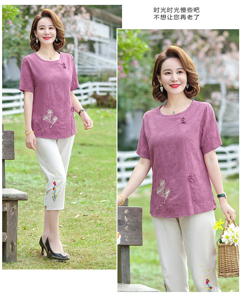 Mom's Ethnic Summer Set 2024 New Middle aged  Women's Vintage Top Embroidered Cotton and Hemp T-shirt Top