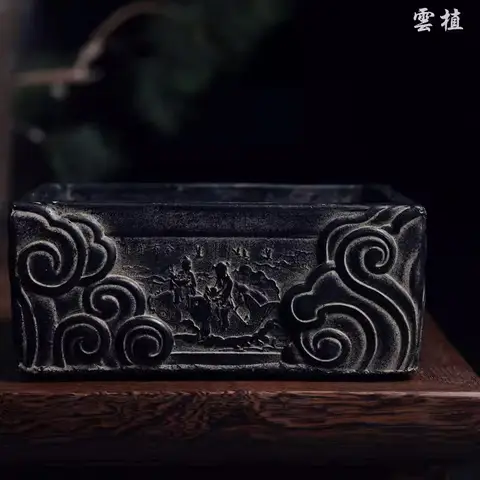 구름 조각 물고기 패턴 분재 냄비, 중국 전통 스타일, 딥 그레이, 꽃 정원 장식