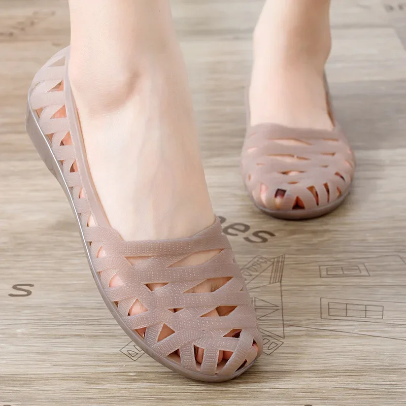 Women Purple Hollow Breathable Plastic Shoes Round Toe Low Price Wedges Slip-On Concise Daily Casual Loafers 2025