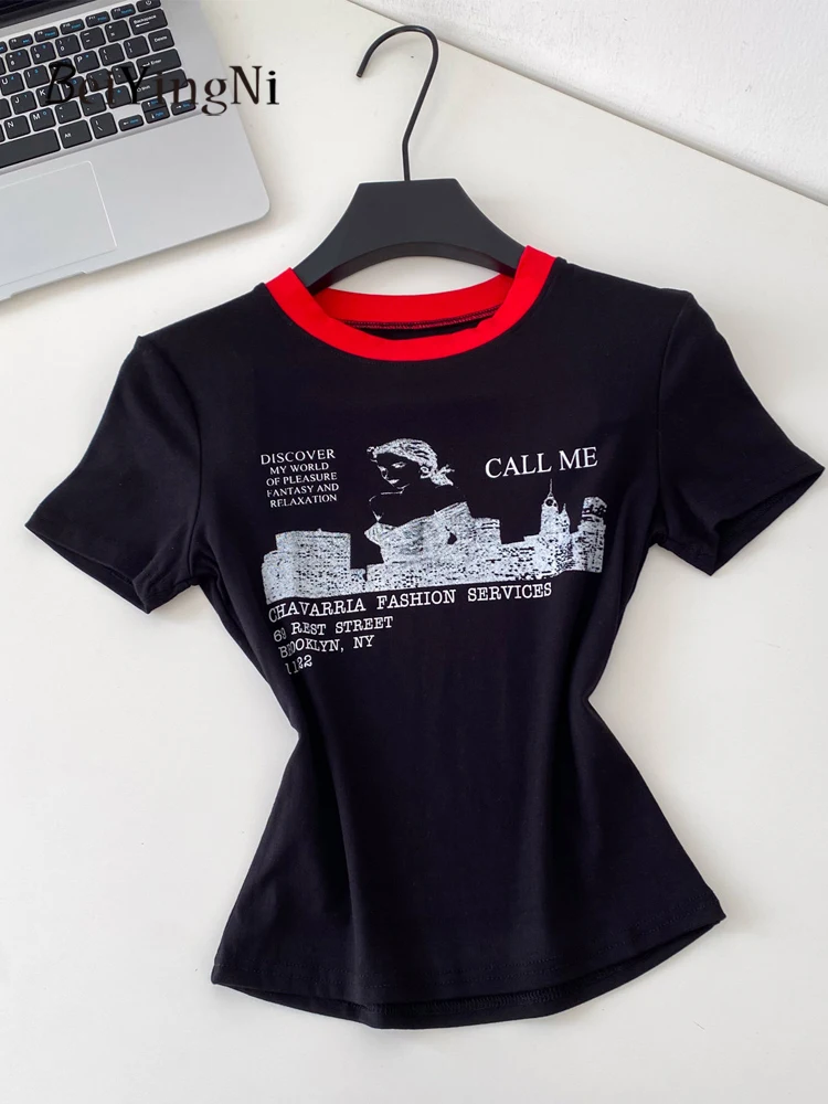 Beiyingni American Style Vintage T-shirts for Women Print High Street Short Sleeve Tops Female Contrast Harajuku O-neck Teeshirt