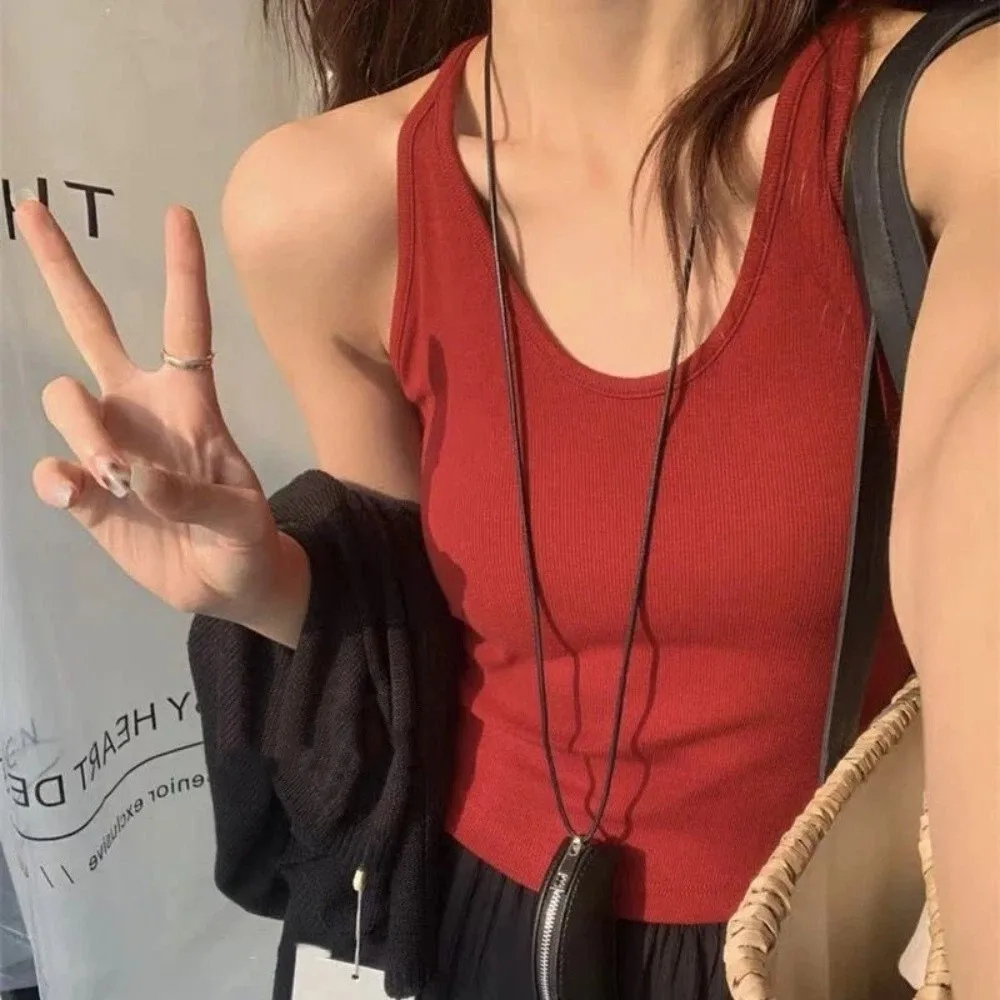 Korean Style with Chest Pad Strap Vest U-Neck Solid Color Sleeveless Knit Slimming Crop Top Summer