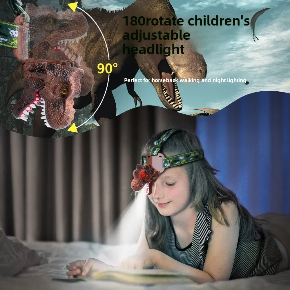 Children's Dinosaur Headlamp LED Headlight Adjustable Flashlight Roaring Head Lamp for Kids Outdoor Camping Wearable Night Light