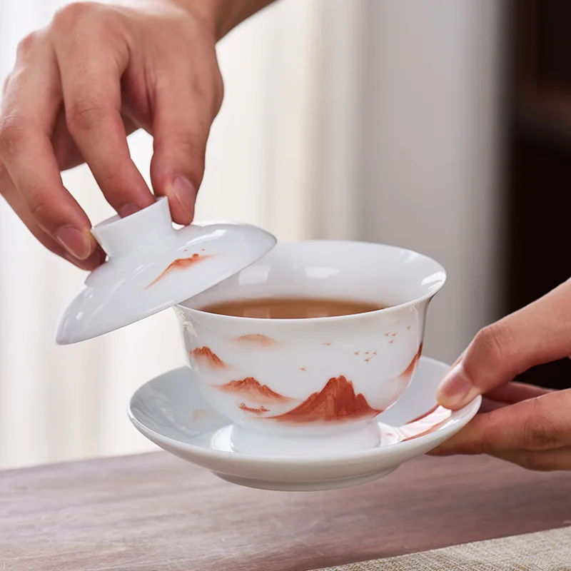 Hand Painted Landscape Cover Teacup Single Household Ceramic High-End Three Pieces Tea Making Bowl Large Non-Scald Ceremony