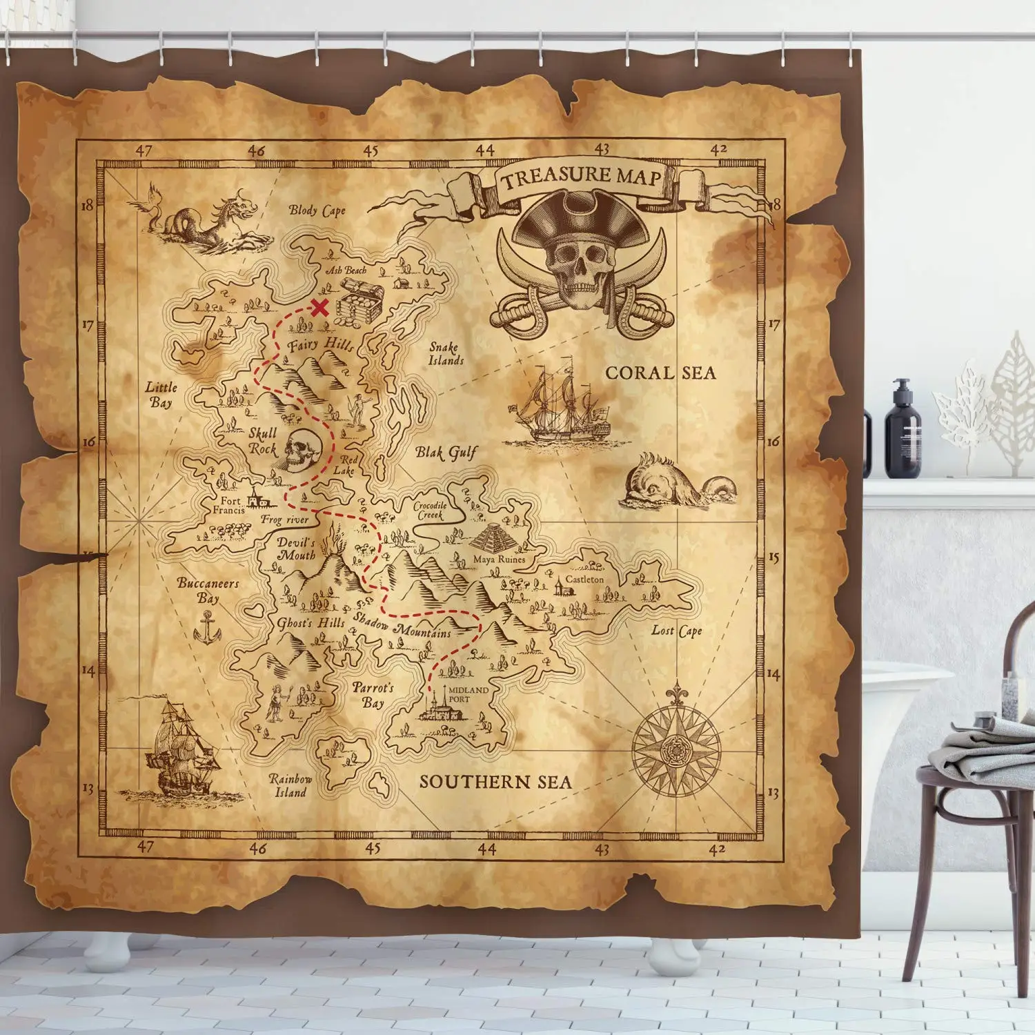 Nautical Island Map Shower Curtains,Vintage Old Map Pirate Ship Decor Polyester Ocean Ancient Pirate Treasure Map Shower Curtain