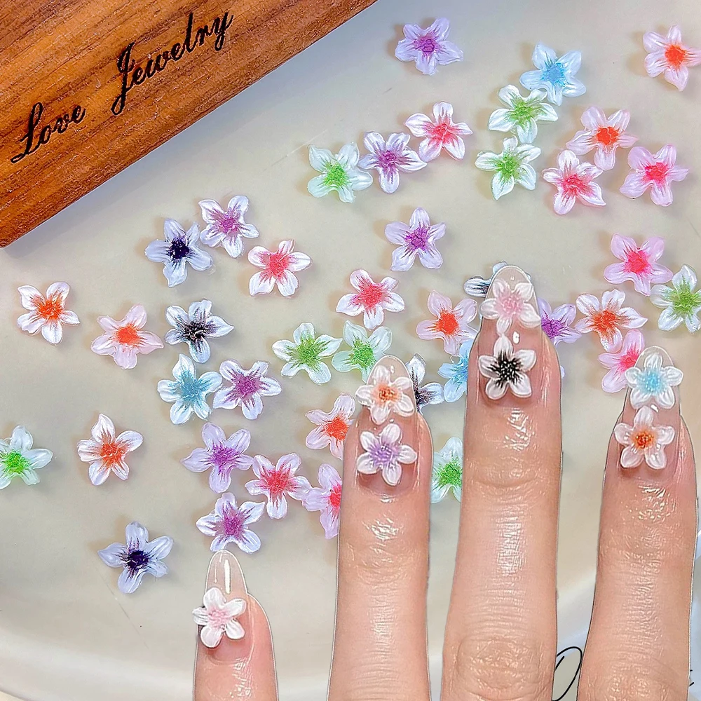 50Pcs Crystal Acrylic Lily Flower Nail Art Charms 3D Mixed Resin Gradient Five-petaled Floral Nail Rhinestones DIY Nail Decorati